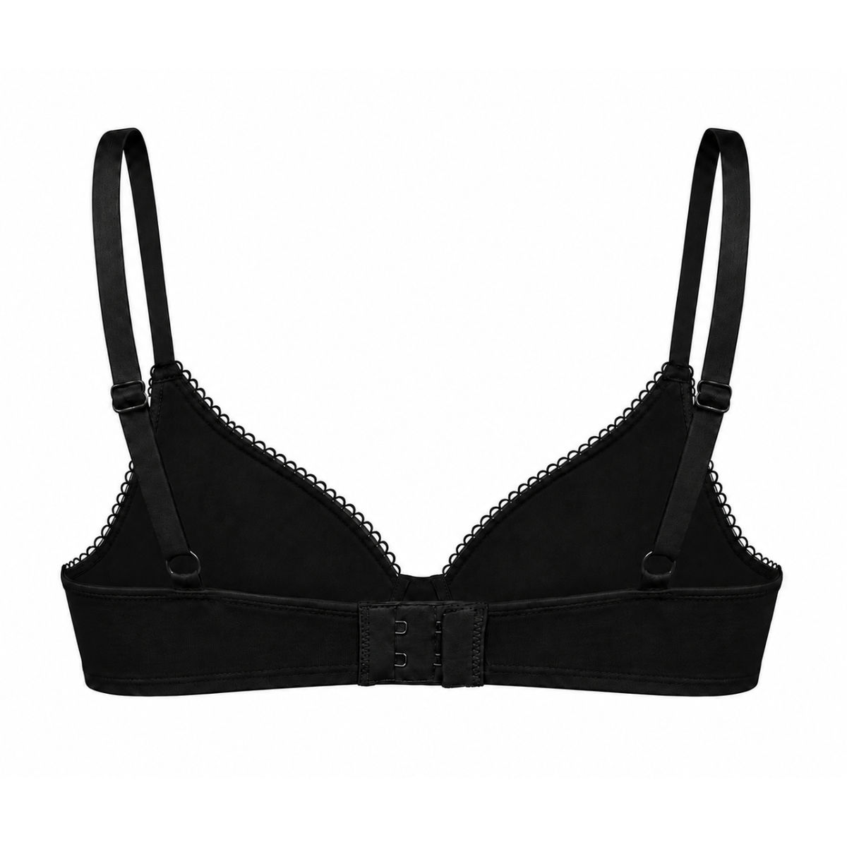 Black underwire bra with adjustable shoulder straps and a center hook-and-eye closure, shown against a plain white background.