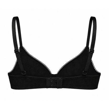 Black underwire bra with adjustable shoulder straps and a center hook-and-eye closure, shown against a plain white background.