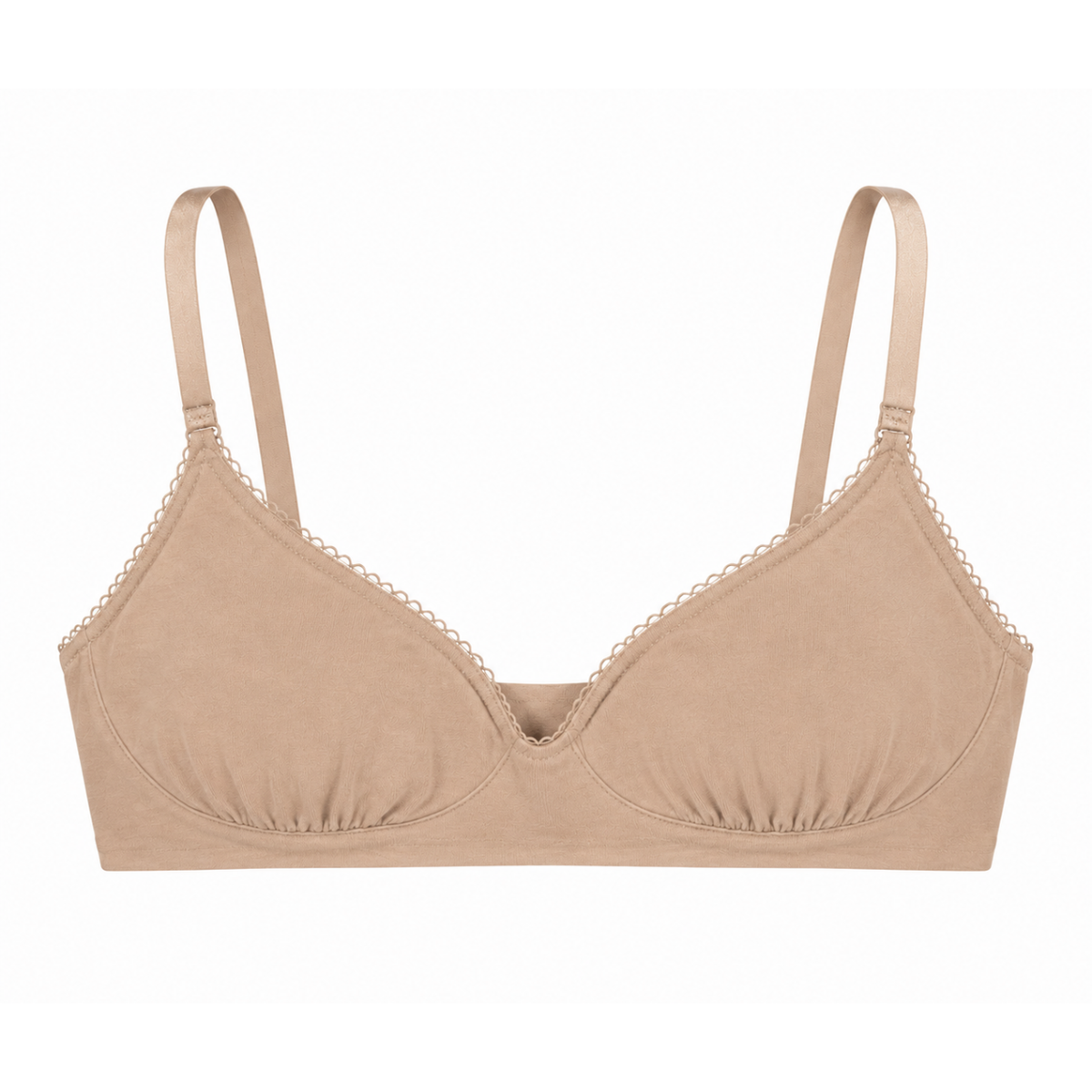 A beige wireless bra with thin adjustable shoulder straps and delicate lace trim along the underwire, shown against a plain white background.
