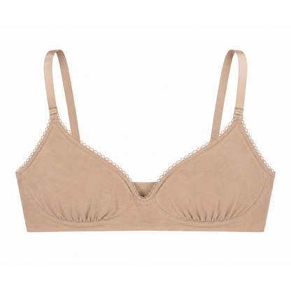 A beige wireless bra with thin adjustable shoulder straps and delicate lace trim along the underwire, shown against a plain white background.