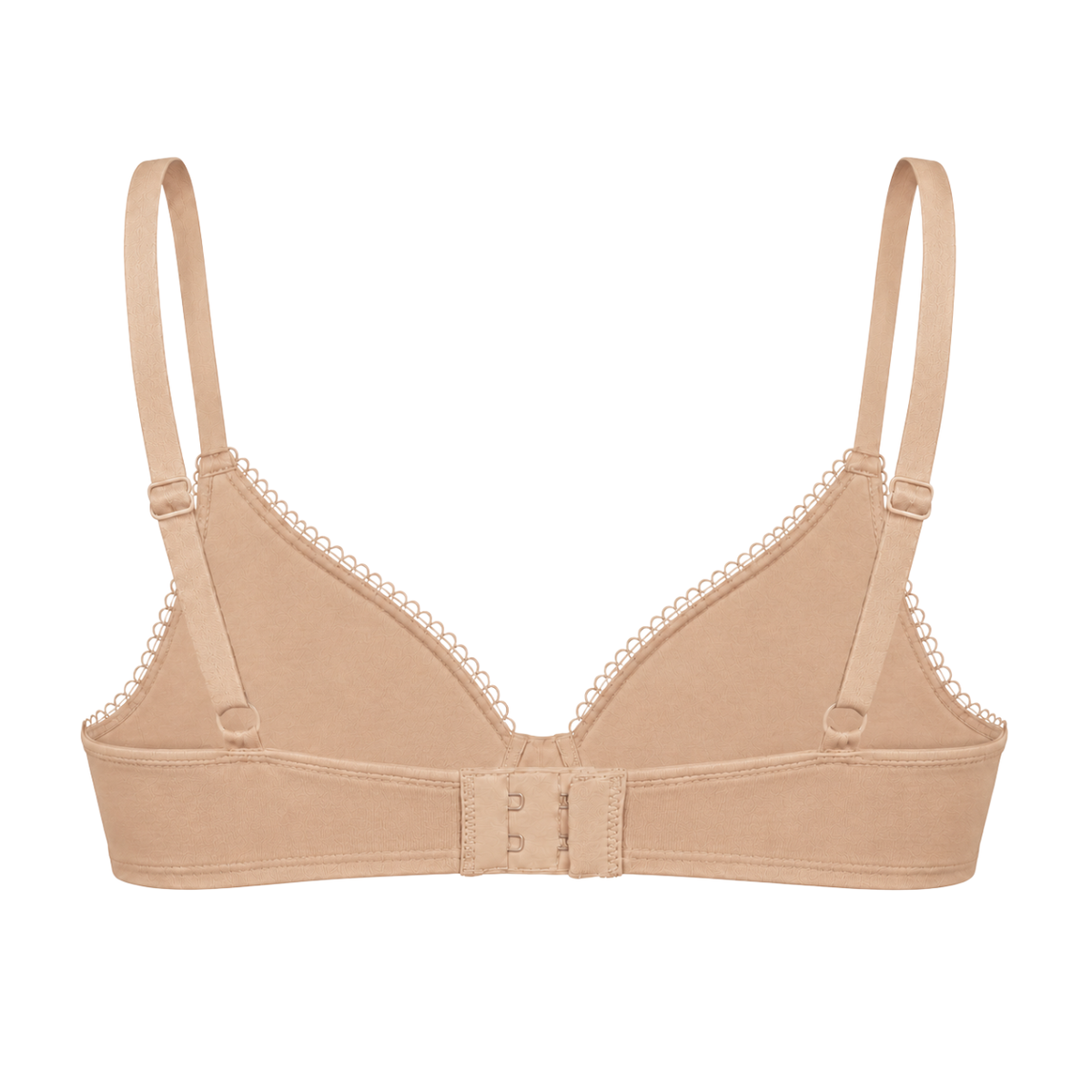 A beige underwire bra with adjustable shoulder straps, a wide supportive band, and delicate lace trim along the cups, shown against a plain white background.