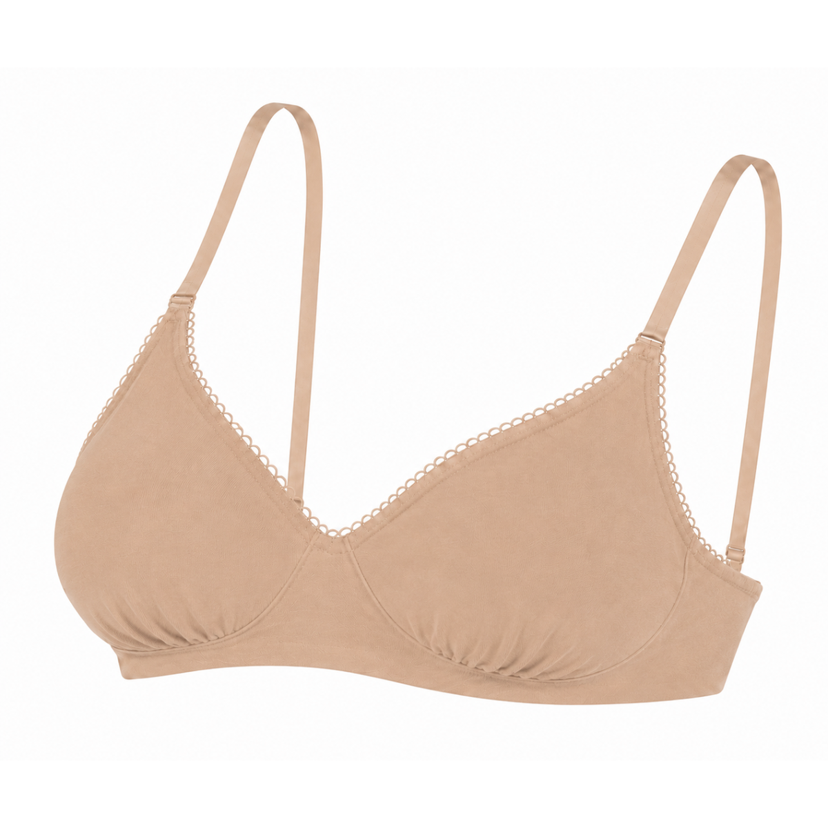 A beige seamless underwire bra with thin adjustable shoulder straps and delicate lace trim along the scalloped cup edges, shown against a plain white background.