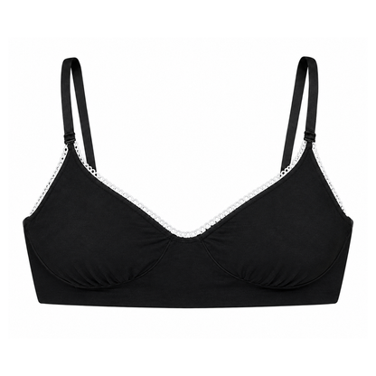 Black wireless bralette with thin adjustable shoulder straps and delicate white lace trim along the neckline, shown against a plain white background.