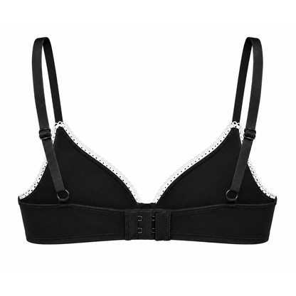 Black seamless underwire bra with delicate white lace trim along the cups and adjustable shoulder straps, shown from the back on a white background.