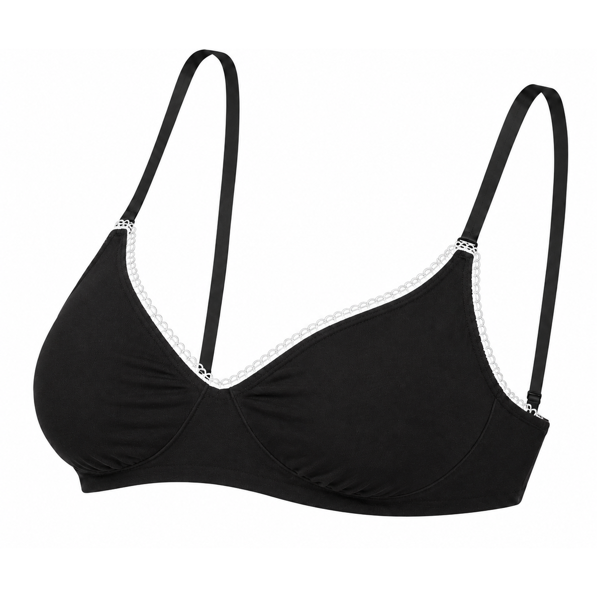 Black triangle bikini top with thin adjustable straps and delicate chain-link trim along the underwire, shown on a plain white background.