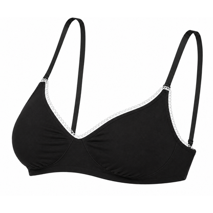 Black triangle bikini top with thin adjustable straps and delicate chain-link trim along the underwire, shown on a plain white background.