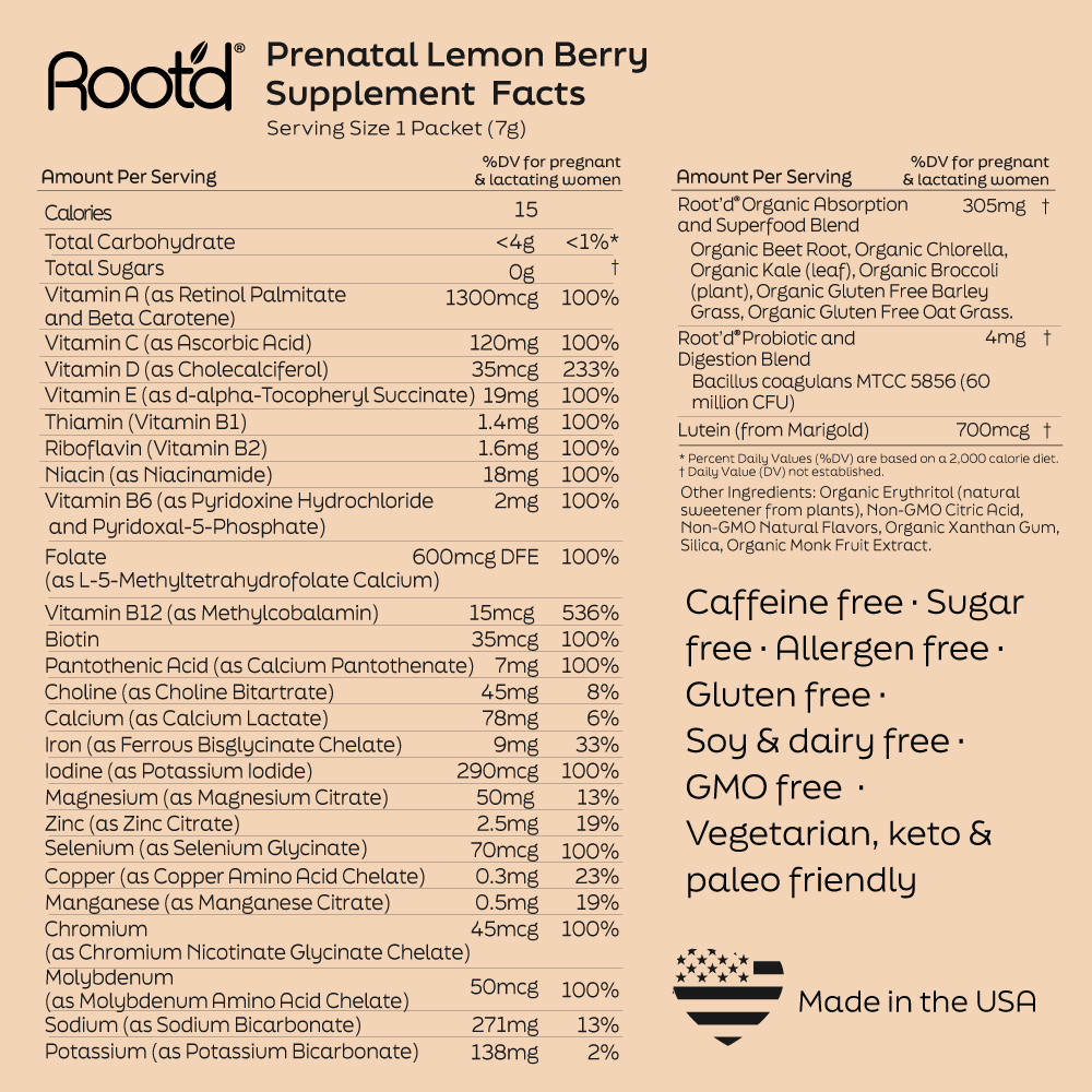 Supplement facts label for Rootd Prenatal Lemon Berry supplement on a beige background