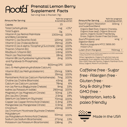 Supplement facts label for Rootd Prenatal Lemon Berry supplement on a beige background