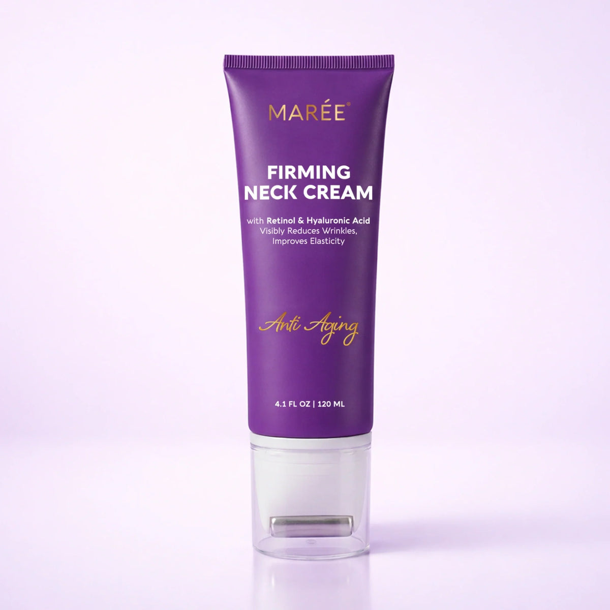 Purple tube of Maree Firming Neck Cream on a light purple background