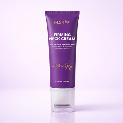 Purple tube of Maree Firming Neck Cream on a light purple background