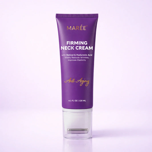 Purple tube of Maree Firming Neck Cream on a light purple background