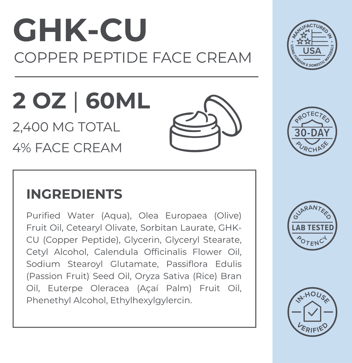 GHK-CU copper peptide face cream packaging with ingredients list and product details.