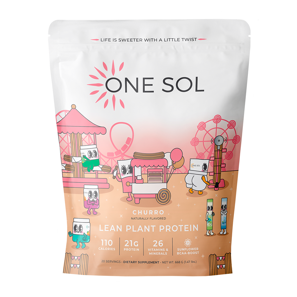 One Sol Churro Lean Plant Protein package with cartoon illustrations on a white background