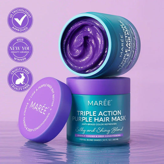 Three jars of MARÉE Triple Action Purple Hair Mask arranged on a reflective purple surface, with one jar open to show the deep purple mask inside and three certification badges on the left.