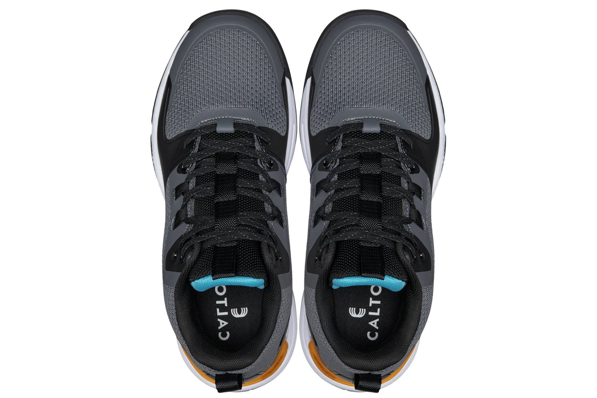 CALTO Q392 knit elevator trainer in grey and orange, styled photo