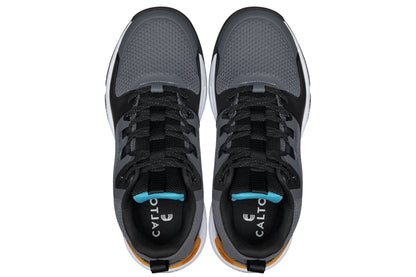 CALTO Q392 knit elevator trainer in grey and orange, styled photo