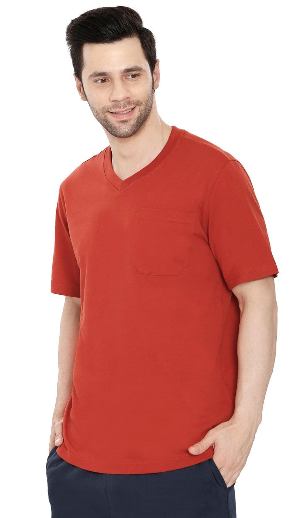 Turtle Bay men's heavyweight v-neck pocket t-shirt in Redwood, alternate view