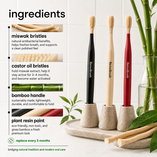 Three toothbrushes from Remembrush stand in beige stone holders on a tray, with bamboo stems and brush bristles around them. Text on the left describes the ingredients: miswak bristles, castor oil bristles, bamboo handle, and plant resin paint.