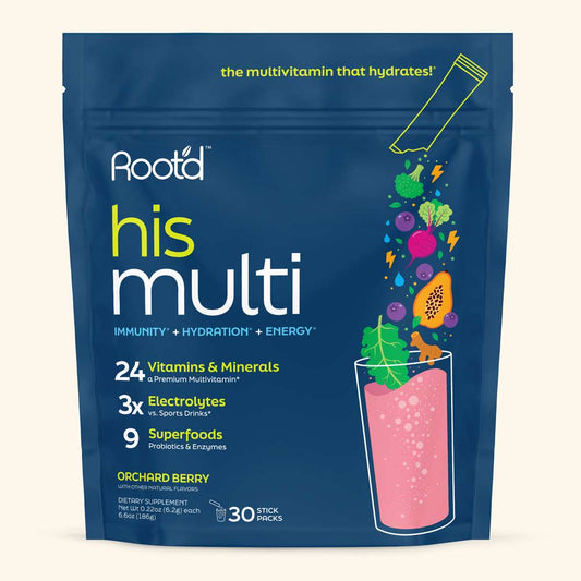 A blue stand-up pouch of Rootd His Multi dietary supplement in Orchard Berry flavor, featuring a pink drink illustration and multivitamin claims on a white background.