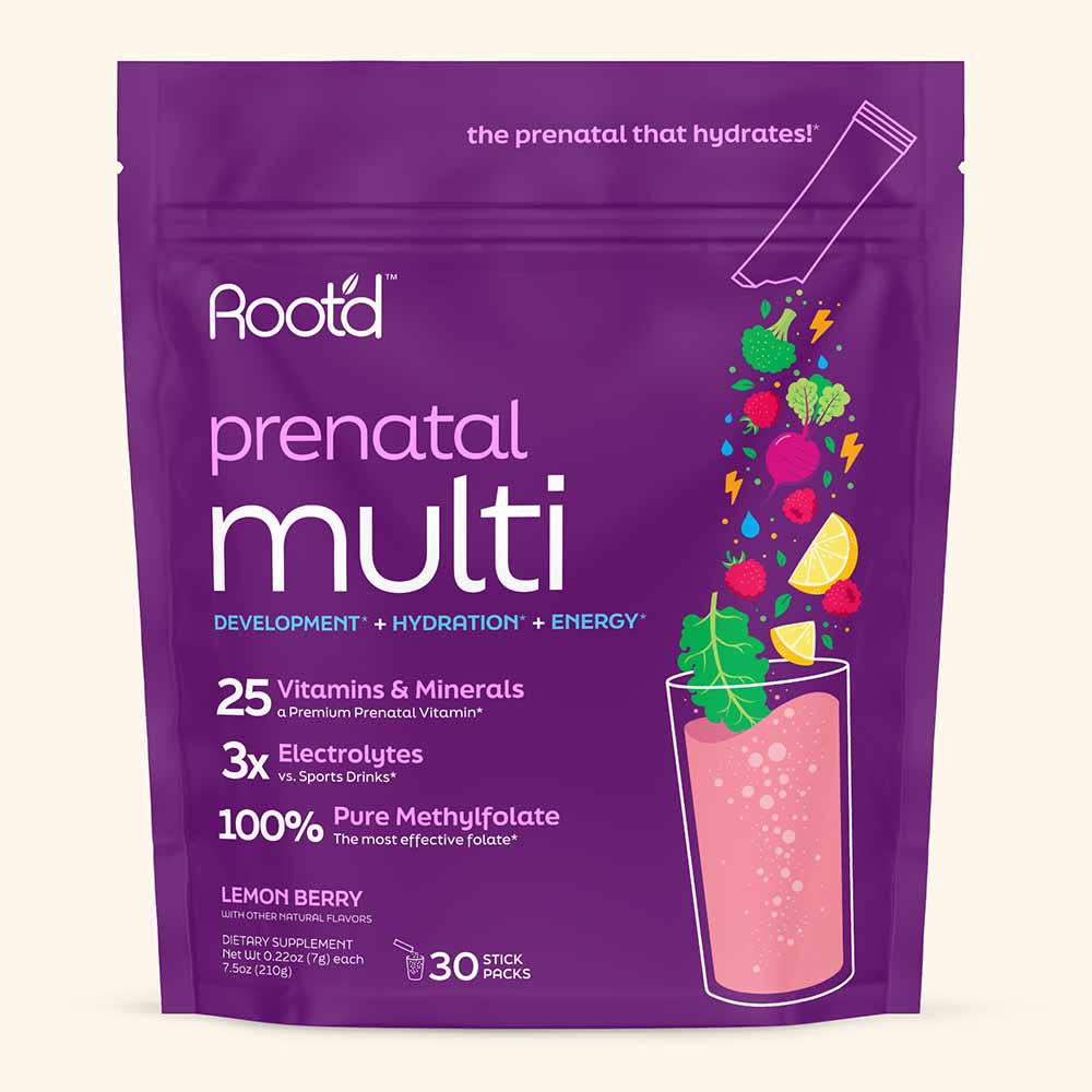 A purple stand-up pouch of Rootd Prenatal Multi dietary supplement in Lemon Berry flavor, with a graphic of a pink smoothie and fruit illustrations on the front, shown against a light beige background.