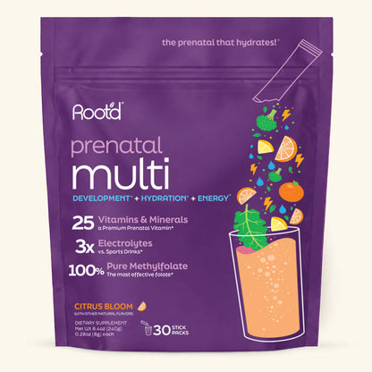 A purple stand-up pouch of Aoota Prenatal Multi dietary supplement, Citrus Bloom flavor, with colorful text and illustrations of a drink and citrus fruits on a light cream background.