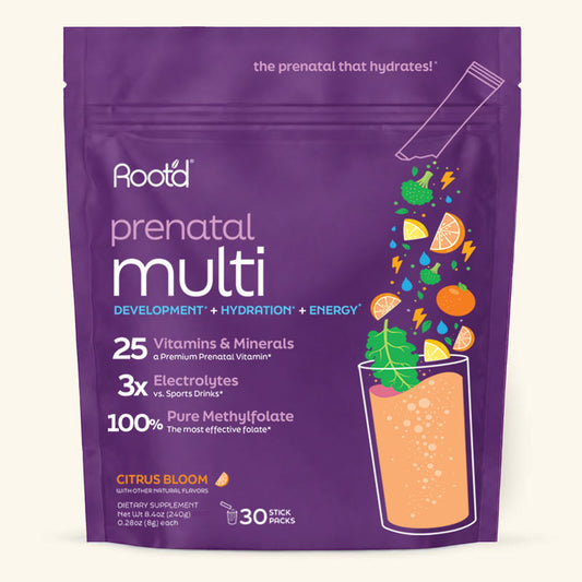 A purple stand-up pouch of Aoota Prenatal Multi dietary supplement, Citrus Bloom flavor, with colorful text and illustrations of a drink and citrus fruits on a light cream background.