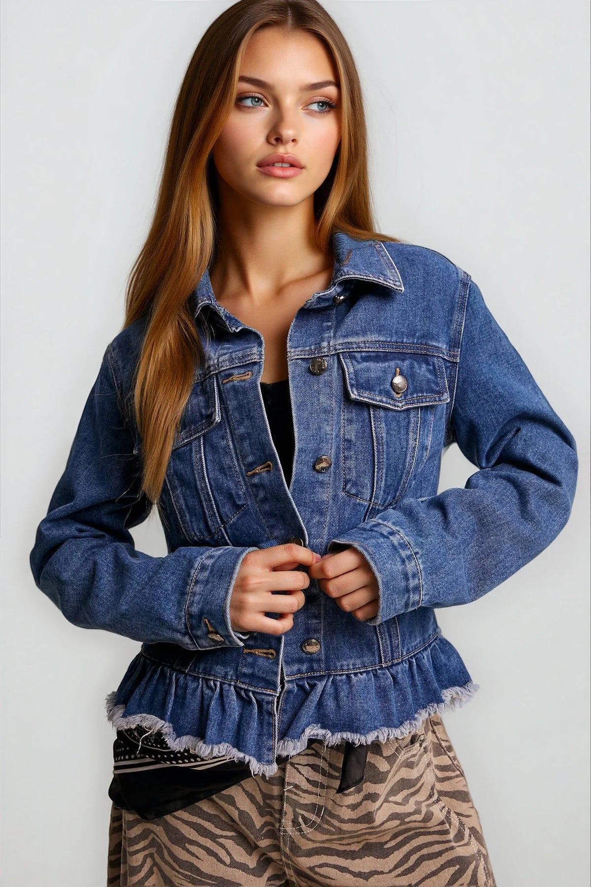 A woman wearing a cropped blue denim jacket with a ruffled hem and button front, paired with patterned pants, against a plain light gray studio background.
