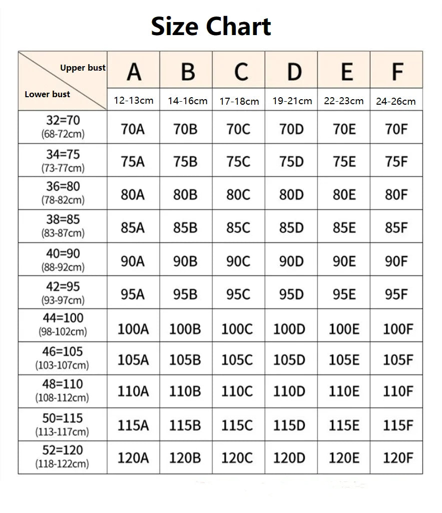 Size chart for clothing measurements with upper and lower bust dimensions.