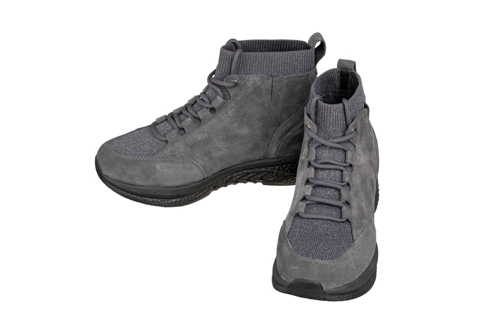 CALTO S23202 suede high-top elevator sneaker in grey, styled photo