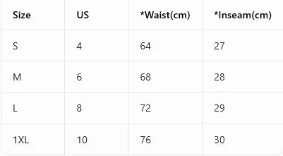 Table displaying size chart for waist and inseam measurements.