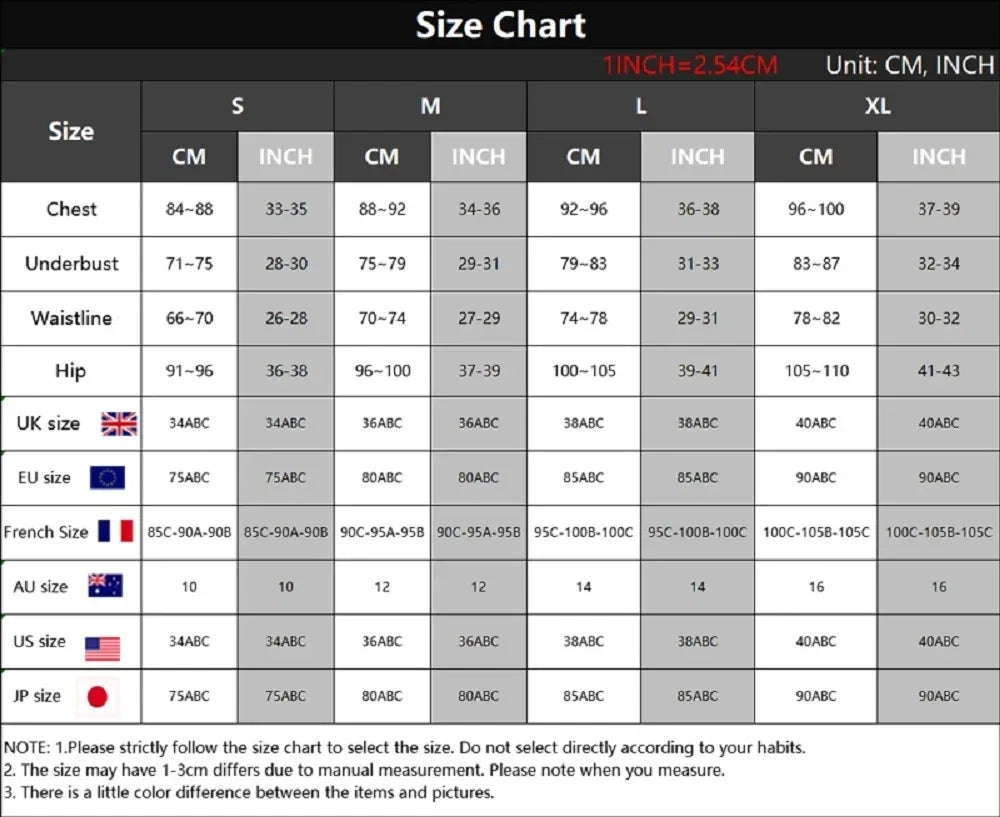 Size chart for clothing measurements in CM and INCH with various country flags.