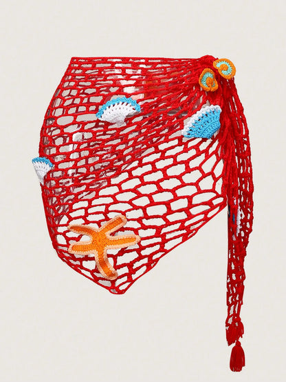 Red netted wrap with decorative elements on a beige background