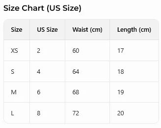 Size chart for US clothing sizes with waist and length measurements.