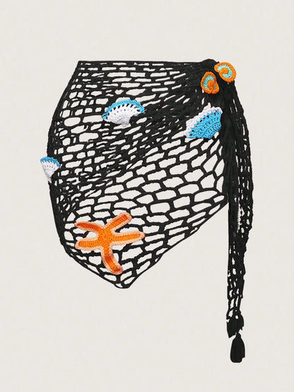 Black fishnet headband with colorful accents on a light gray background