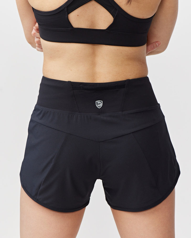 Sheva Women's High Rise Running Shorts in Black, additional detail