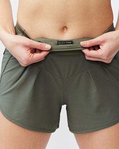 Sheva Women's High Rise Running Shorts in Dark Moss, alternate view