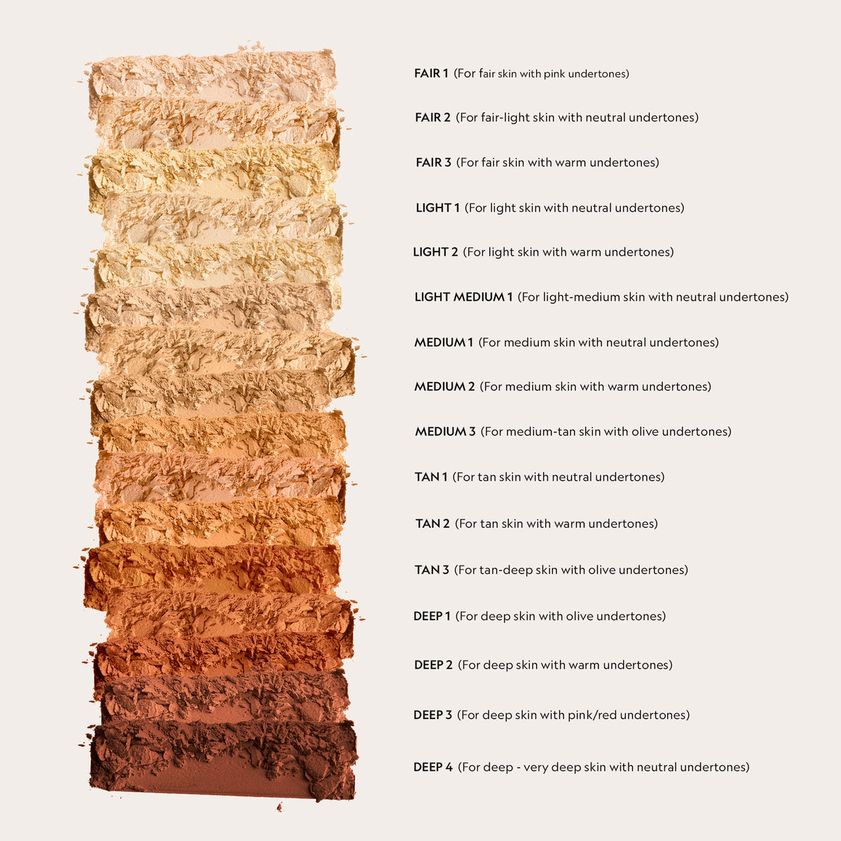 Super Serum Silk Matte Powder Peptide Foundation, sixteen-shade swatch chart