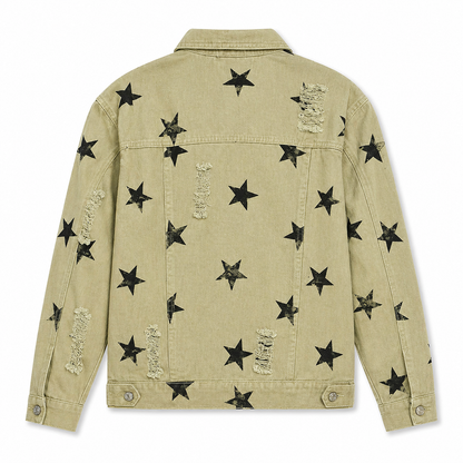 Beige denim jacket with black star patterns on a white background