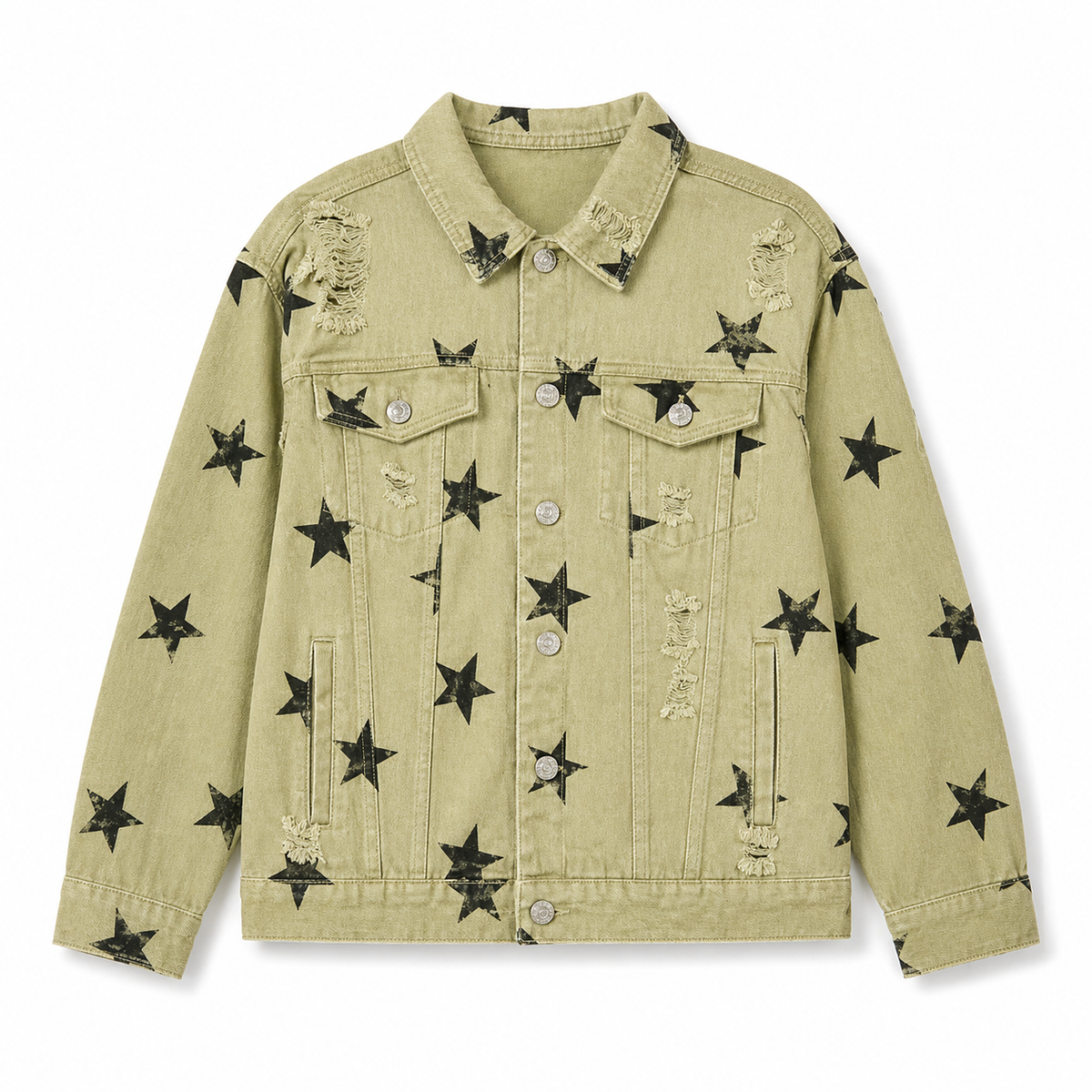 Green denim jacket with black star patterns on a white background