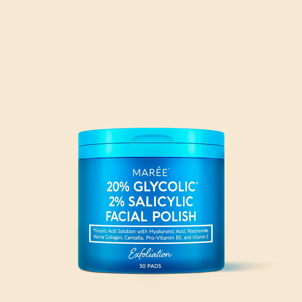 Blue container of Maré 20% Glycolic 2% Salicylic Facial Polish on a beige background