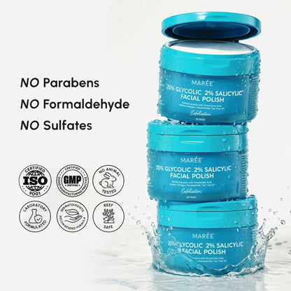 Stack of blue skincare jars with certification logos on a white background