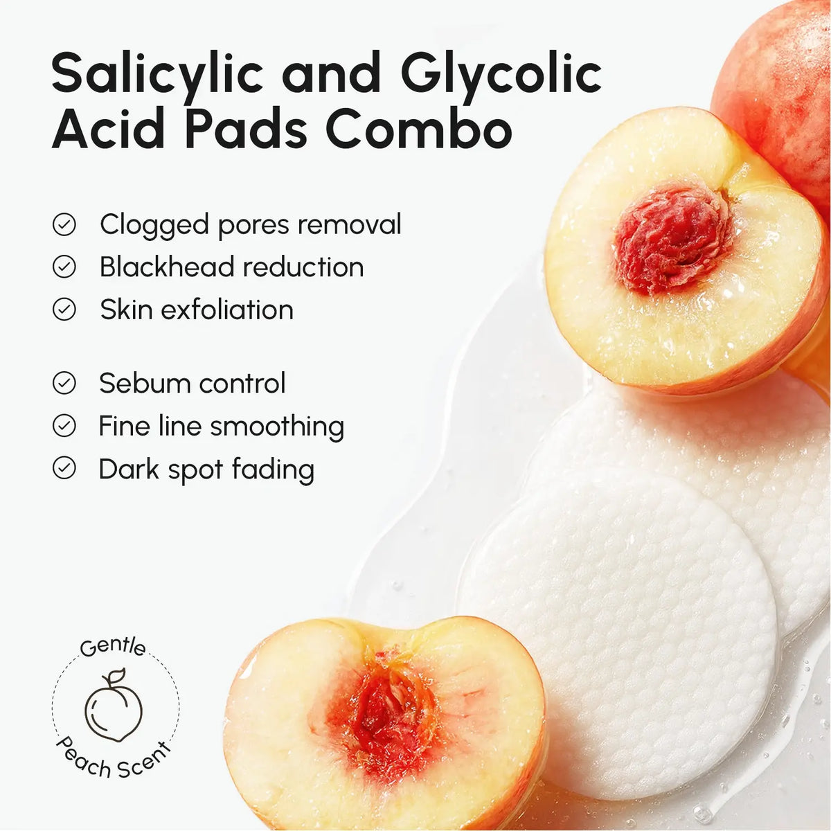 Salicylic and Glycolic Acid Pads Combo with peach slices and text highlighting benefits