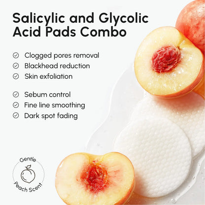 Salicylic and Glycolic Acid Pads Combo with peach slices and text highlighting benefits