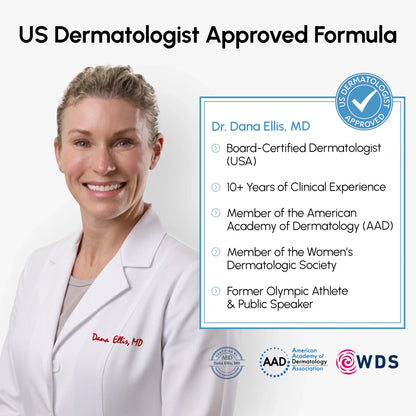 Dermatologist Dr. Dana Ellis with credentials and approval logos on a white background