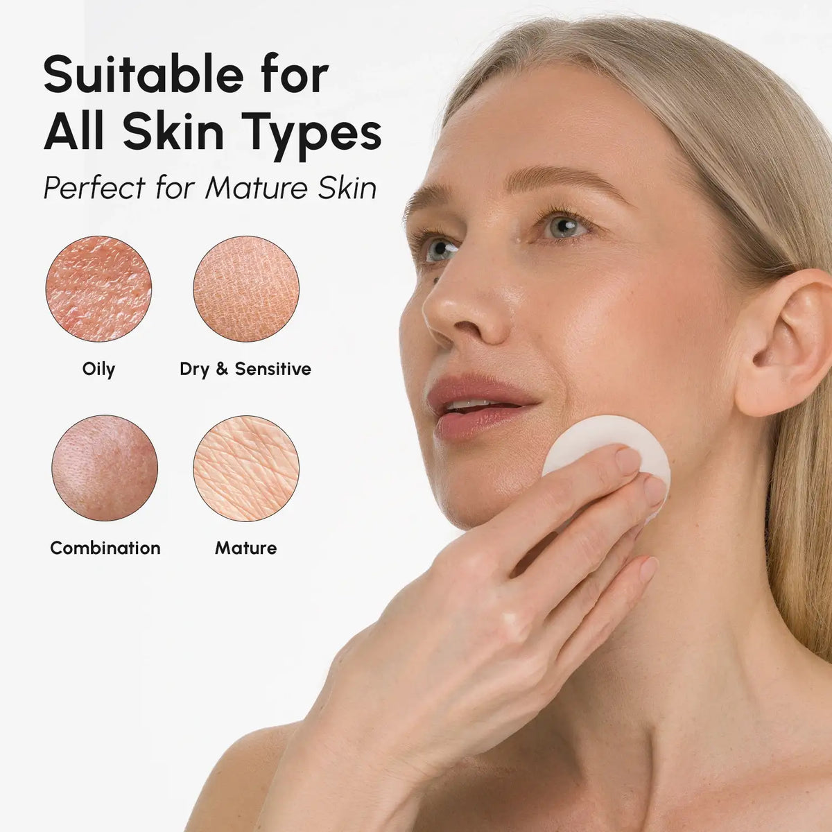 Woman applying cream to her face with text indicating suitability for all skin types.