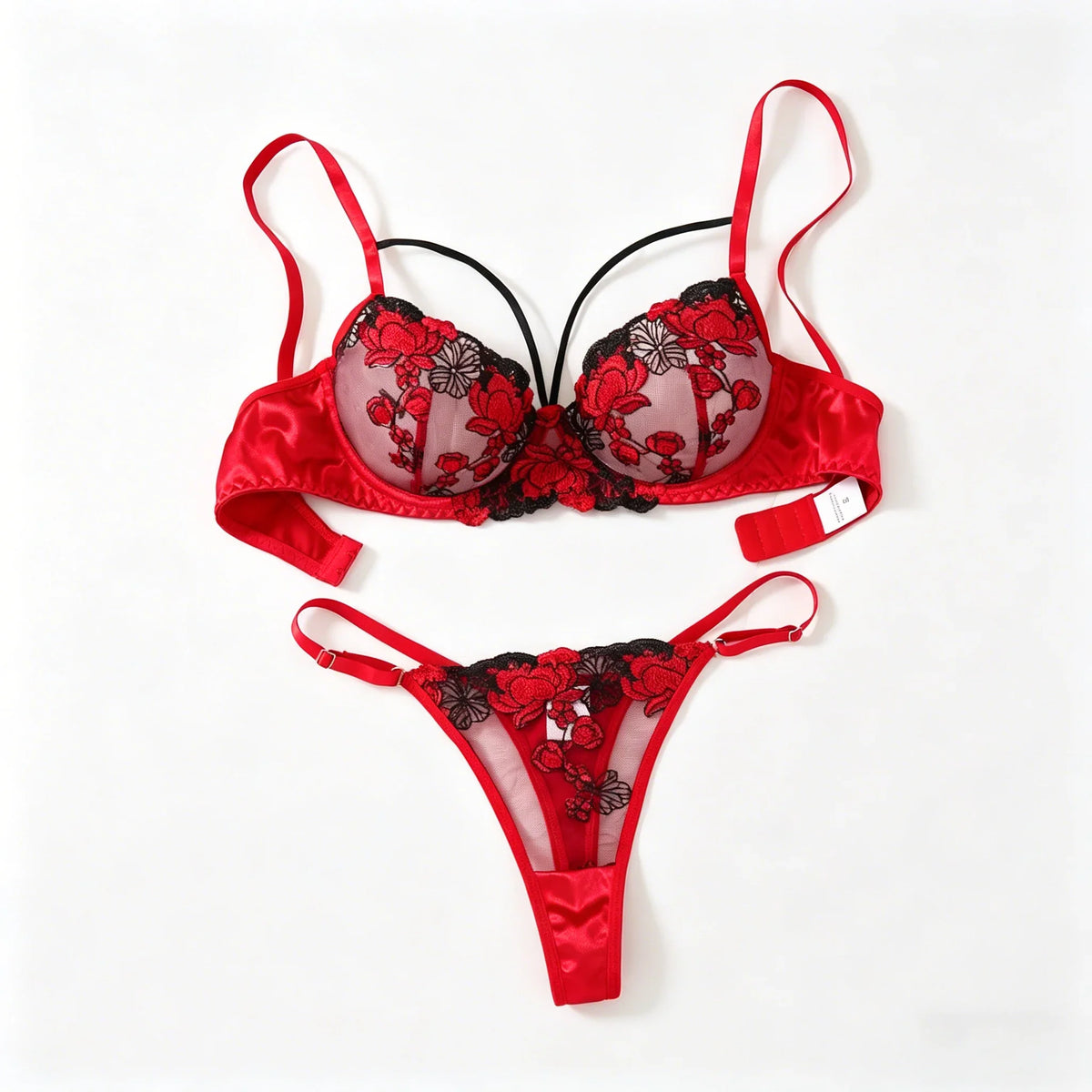 Red floral lingerie set on a white background
