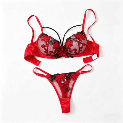Red floral lingerie set on a white background