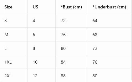 Size chart for clothing with bust and underbust measurements in centimeters.