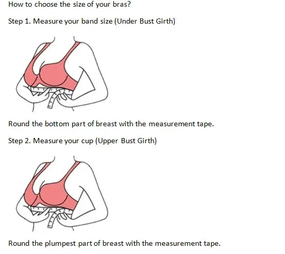 Instructions on how to measure bra size with diagrams and text.