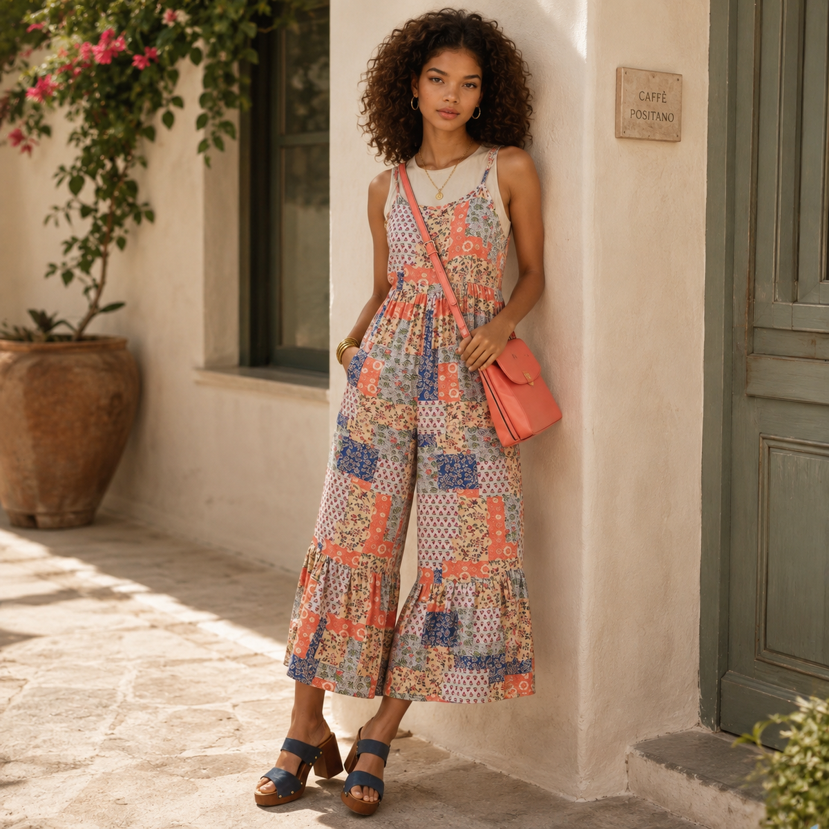 A woman stands outdoors against a beige stucco wall wearing a sleeveless patchwork jumpsuit with wide flared legs. The jumpsuit has a multicolor floral and geometric print in coral, blue, pink, and cream.